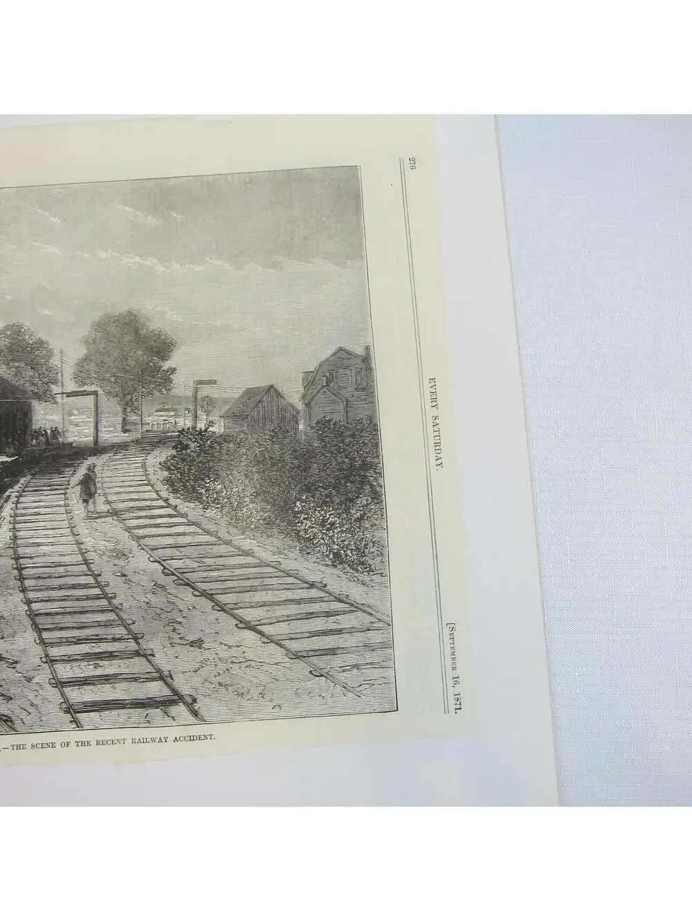 Antique 1871 Wood Engraved Print Revere Massachusetts Railroad Train Wreck Scene